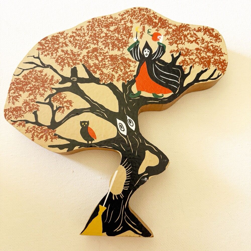 Halloween Cut Out Wood Tree Witch Owl Shelf Sitter Decor Decoration